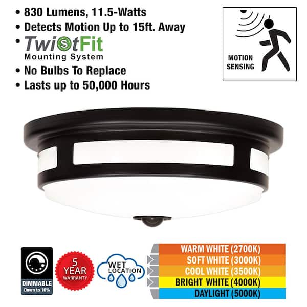 11 in. Round Black Motion Sensing Indoor Outdoor LED Flush Mount Ceiling Light 830 Lumens 3000K 4000K 5000K