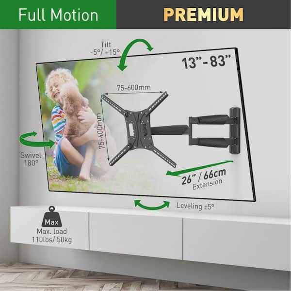 Barkan 13 in. to 75 in. Black Full Motion - 4 Movement Long Premium Flat/Curved TV Wall Mount Extremely Extendable