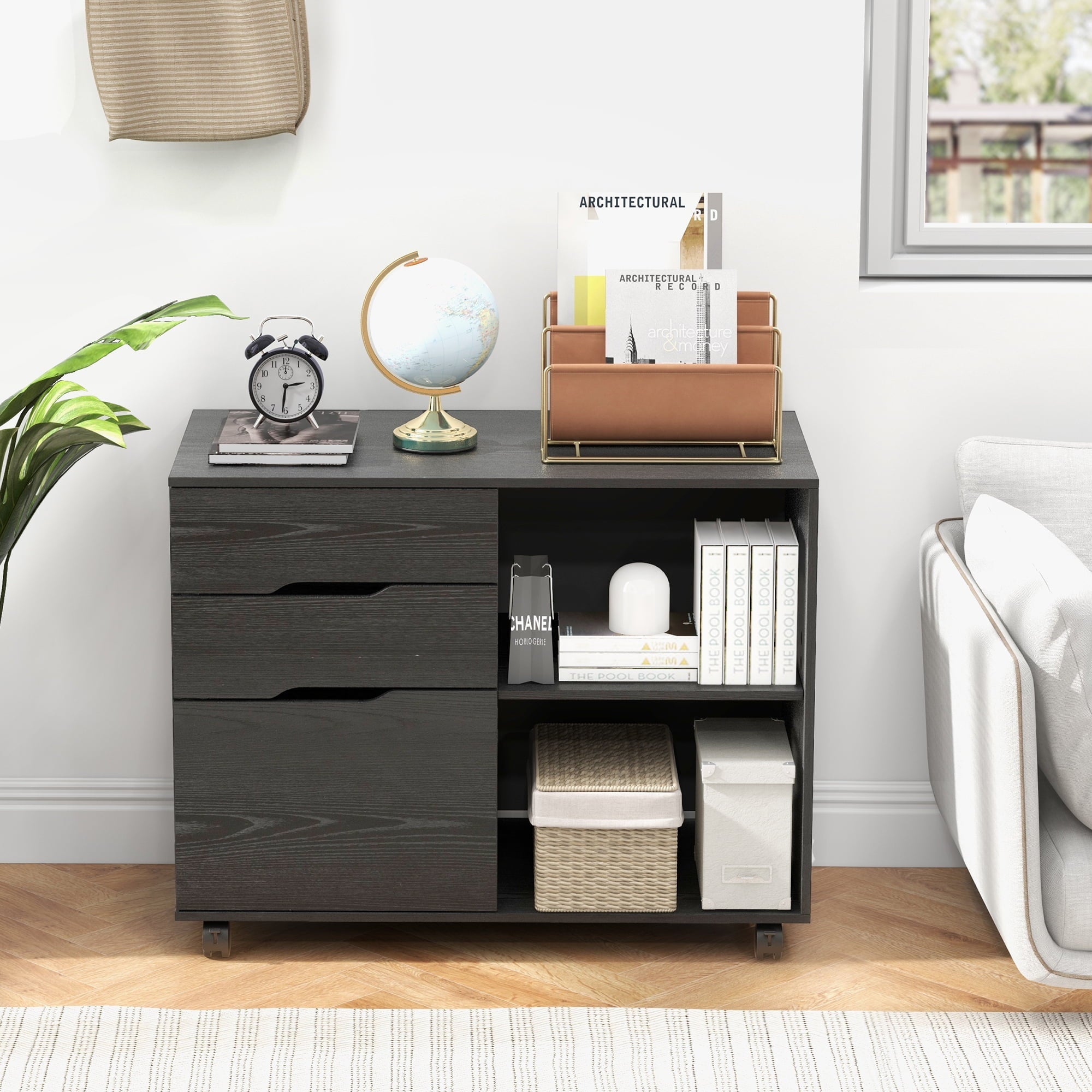 Rolling File Cabinet with Lock, 3-Drawer Wood File Cabinet for Home Office, Fits Legal/Letter/A4 Size, Printer Stand with Wheels and Open Storage Shelf, Black