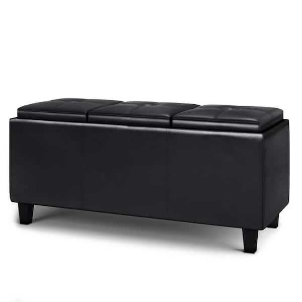 Avalon 42 in. Wide Contemporary Rectangle Tray Storage Ottoman with Lift Up Lids in Midnight Black Vegan Faux Leather