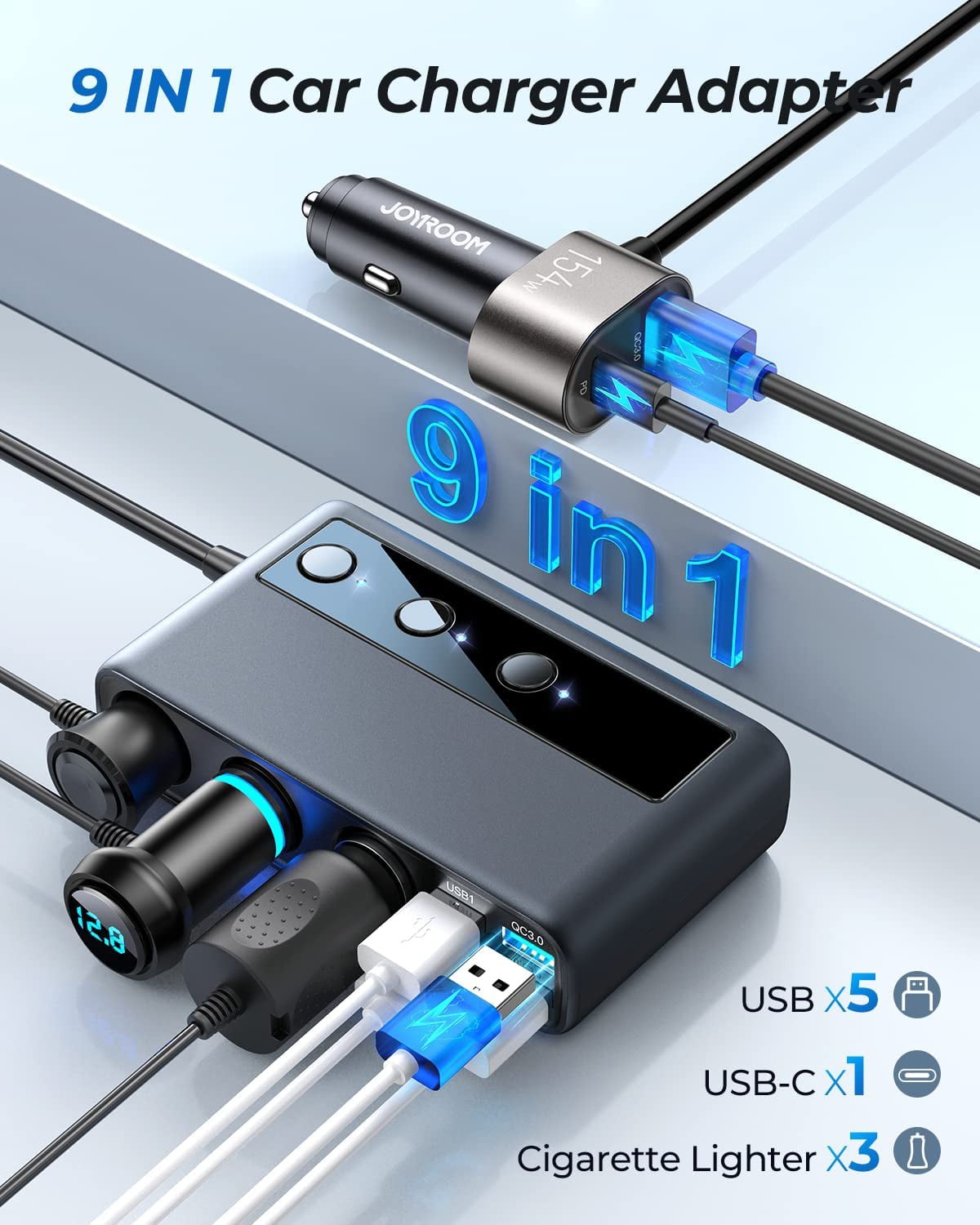 JOYROOM 3 Socket Car Cigarette Lighter Adapter, 154W PD & QC 3.0 Fast USB Car Charger, 12V/24V DC Outlet Cigarette Lighter Splitter with Individual Switches for All Car Devices