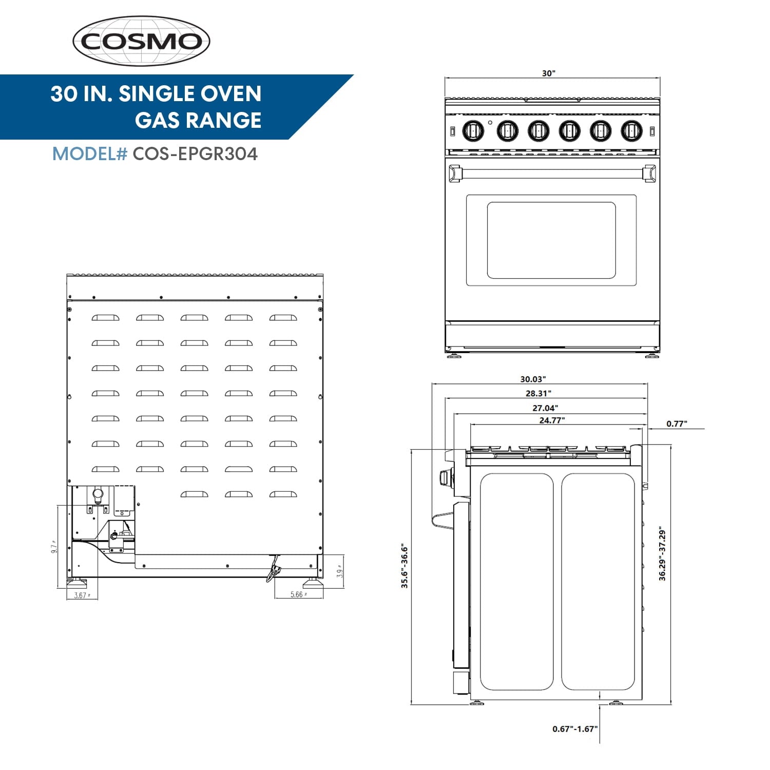 Cosmo 30 Inch 4.5 Cubic Foot Gas Range Kitchen Stove Convection Oven with 5 Sealed Burners