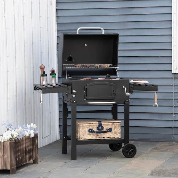 Metal Charcoal Smoker in Black Grill BBQ with Adjustable Height and Folding Shelves