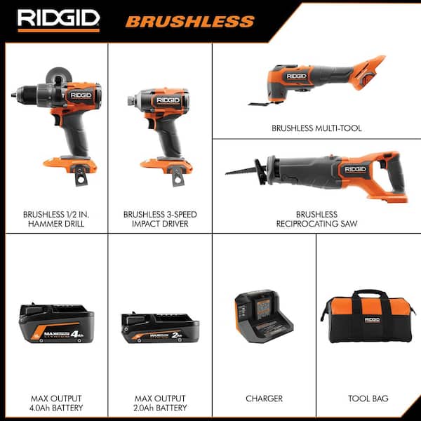 18V Brushless Cordless 4-Tool Combo Kit with (1) 4.0 Ah and (1) 2.0 Ah MAX Output Batteries, 18V Charger, and Tool Bag