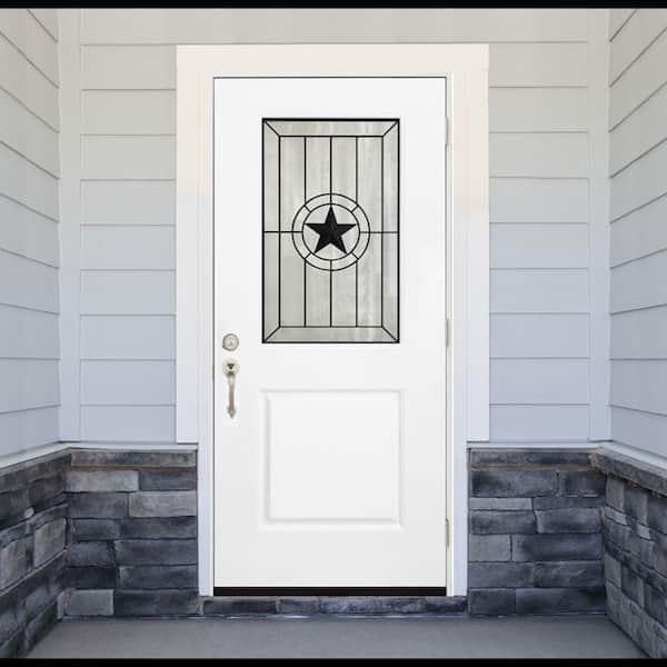 36 in. x 80 in. Legacy Alamo Half Lite Decorative Glass White Primed LH Outswing Fiberglass Prehung Front Door