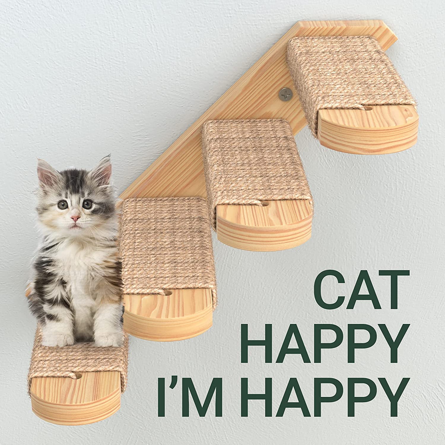 Skywin Cat Steps - Solid Rubber Wood Cat Stairs Great for Scratching and Climbing - Easy to Install Wall Mounted Cat Shelves for Playful Cats (Left Facing)