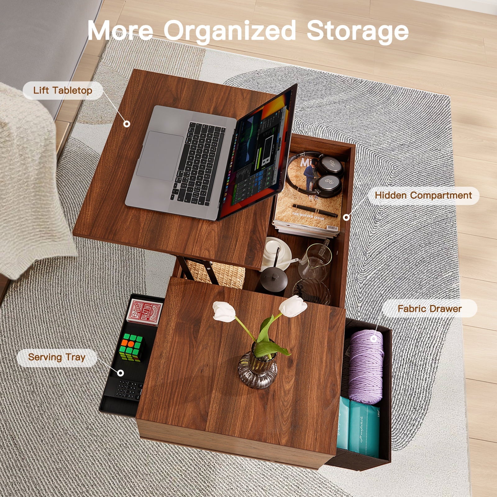 Lift Top Coffee Tables with Storage Modern Coffee Table with Drawer & Hidden Storage Compartment for Living Room, Brown