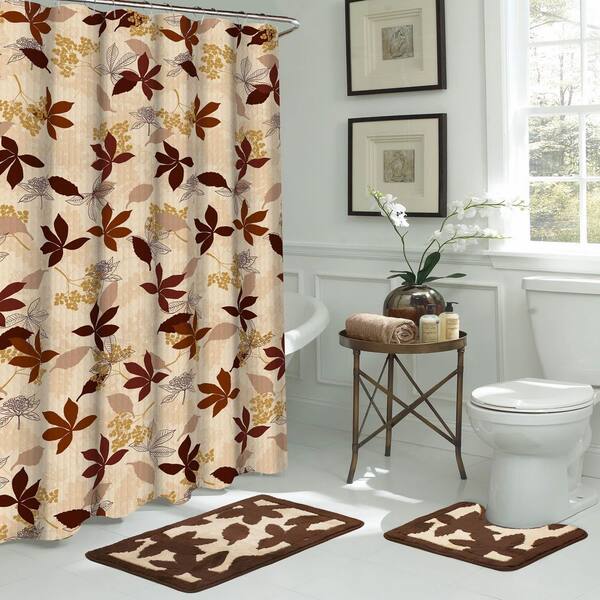 Blowing Leaves 18 in. L x 30 in. W 15-Piece Bath Rug and Shower Curtain Set in Dark Brown