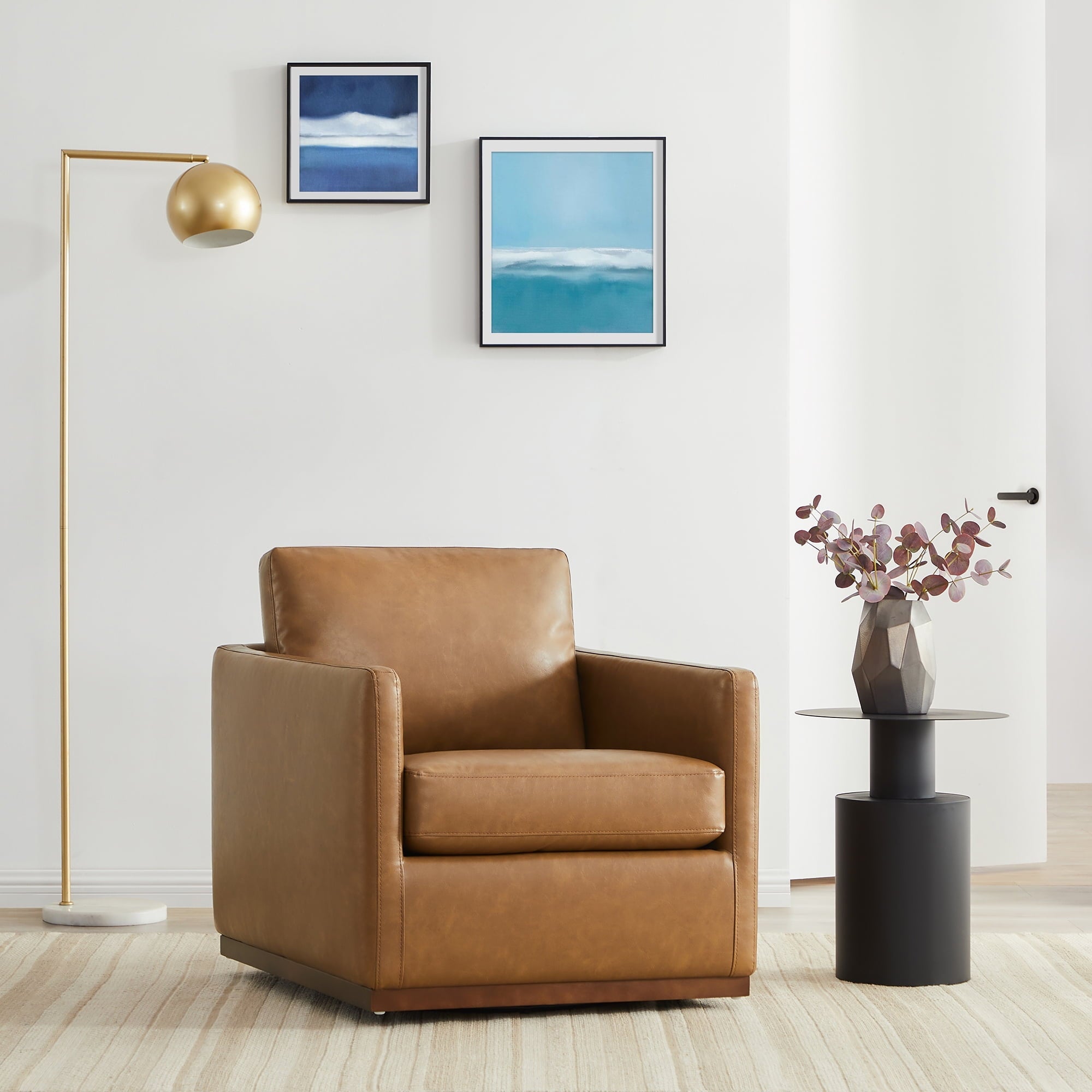 CHITA Swivel Accent Chairs for Living Room, Comfortable Arm Chairs for Bedroom, Faux Leather in Saddle Brown