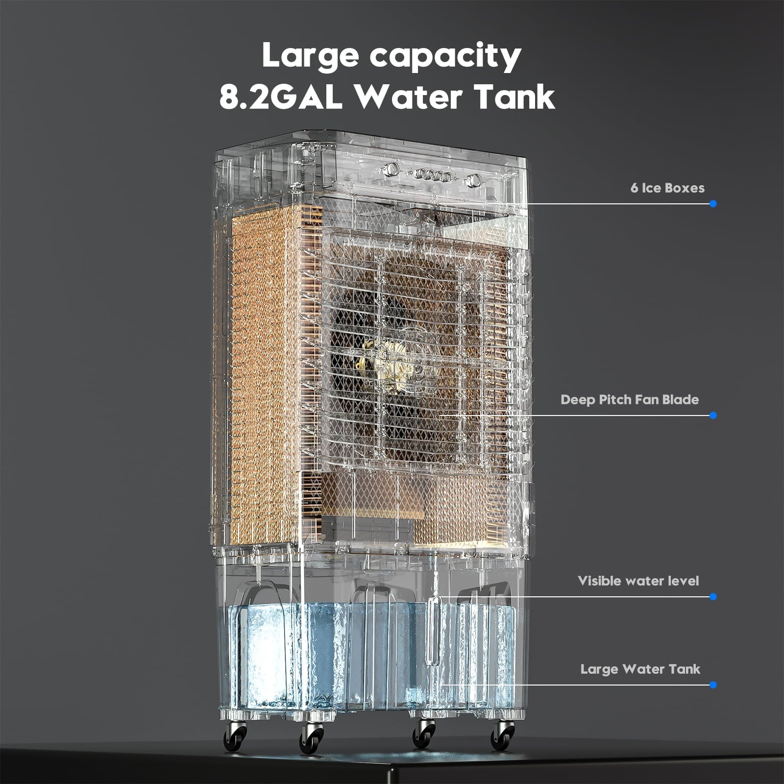 Auertech Portable Evaporative Air Cooler, 3 in 1 Swamp Cooler  with 6 Ice Boxes, Auto-Oscillation, 8.3Gal Water Tank