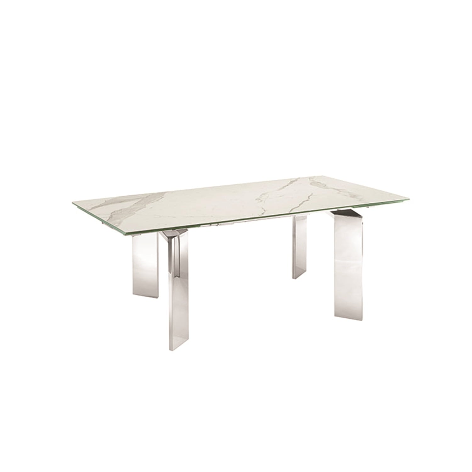 Casabianca Home Dining table with stainless base and rectangular white marbled porcelain top.