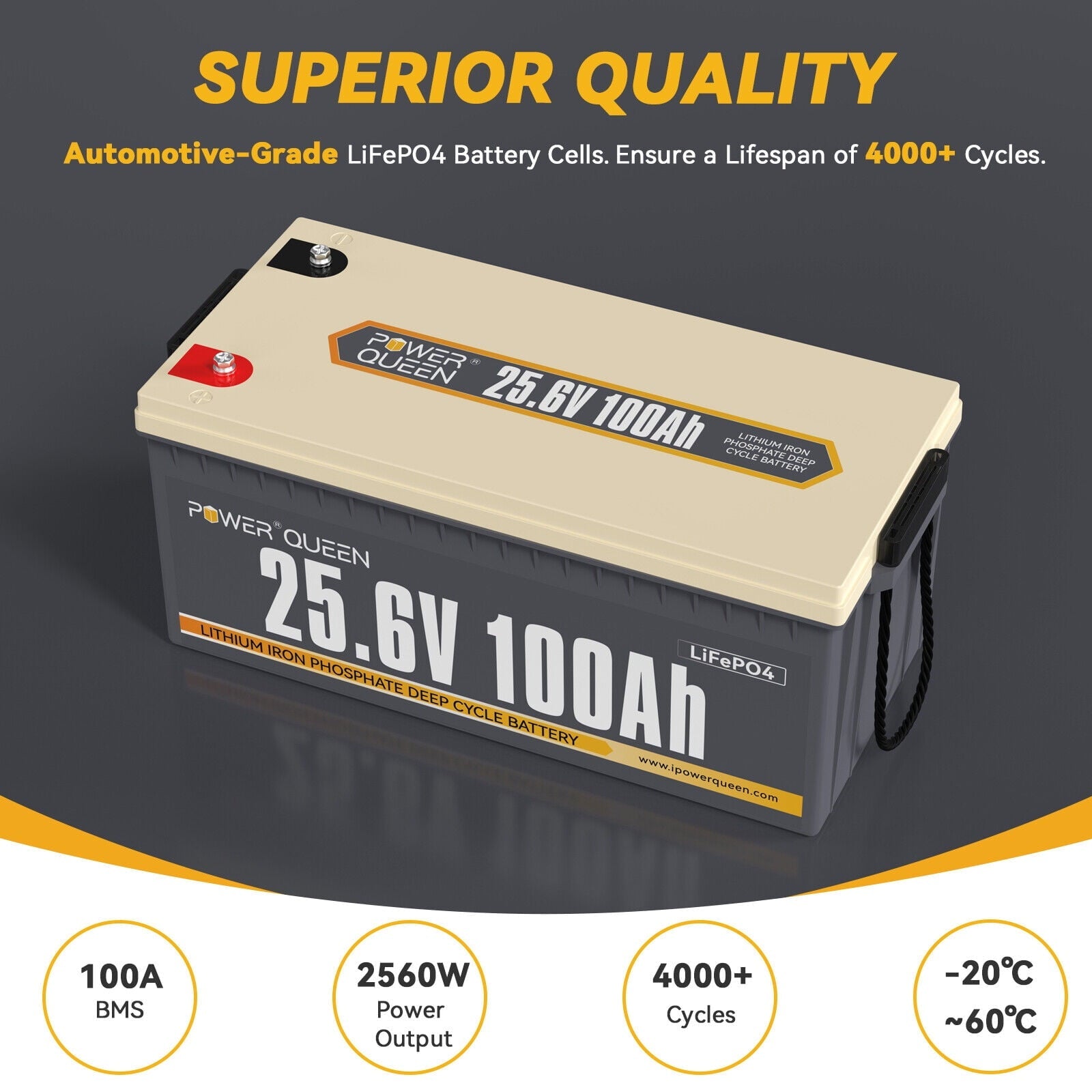 Power Queen 24V 100Ah LiFePO4 Deep Cycle Lithium Battery 2560Wh 100A BMS for Solar RV Boat