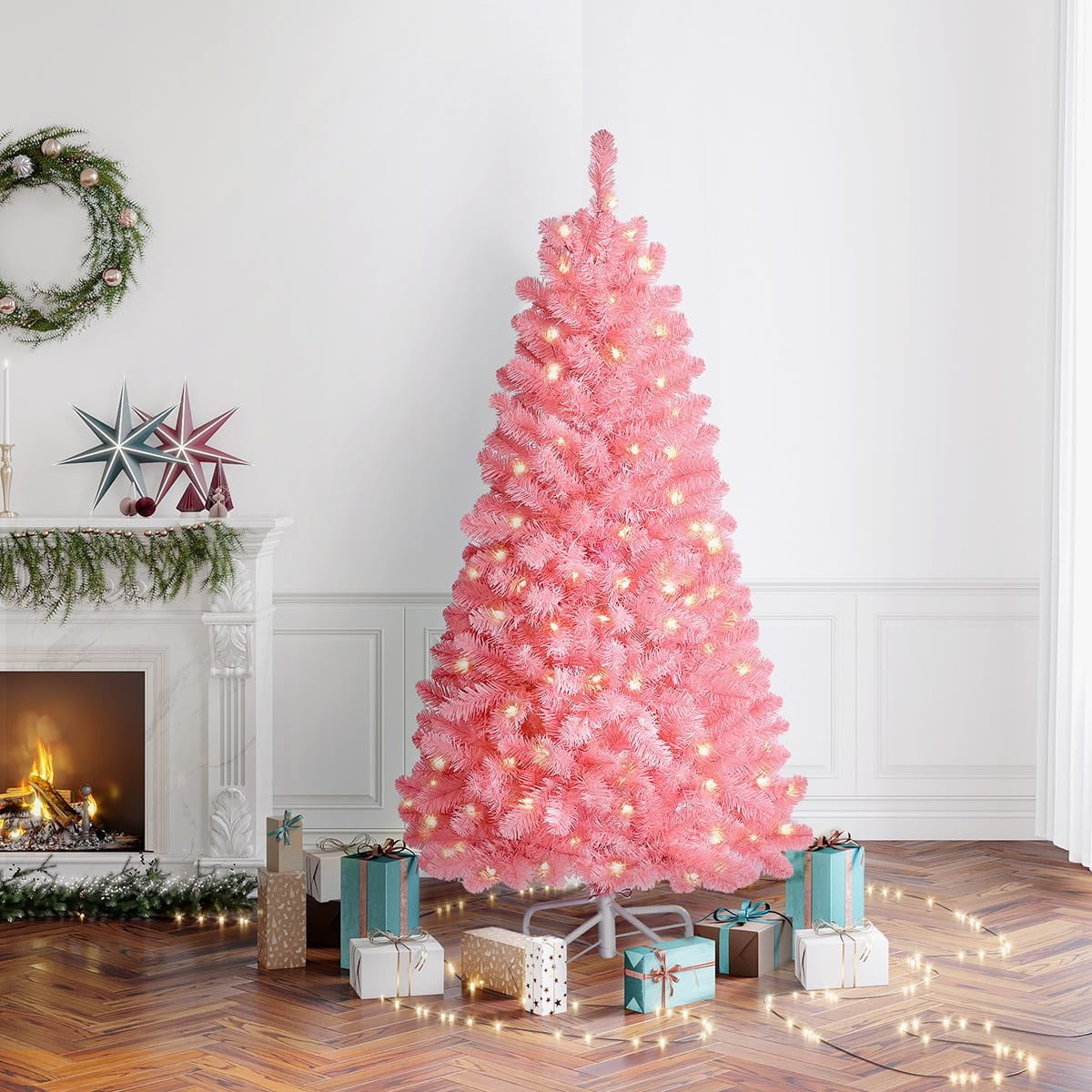 7.5FT Artificial Prelit Christmas Tree, iFanze Full Xmas Pine Tree with 1300 Branch Tips 300 Warm Light for Holiday Indoor Outdoor Decoration, Pink