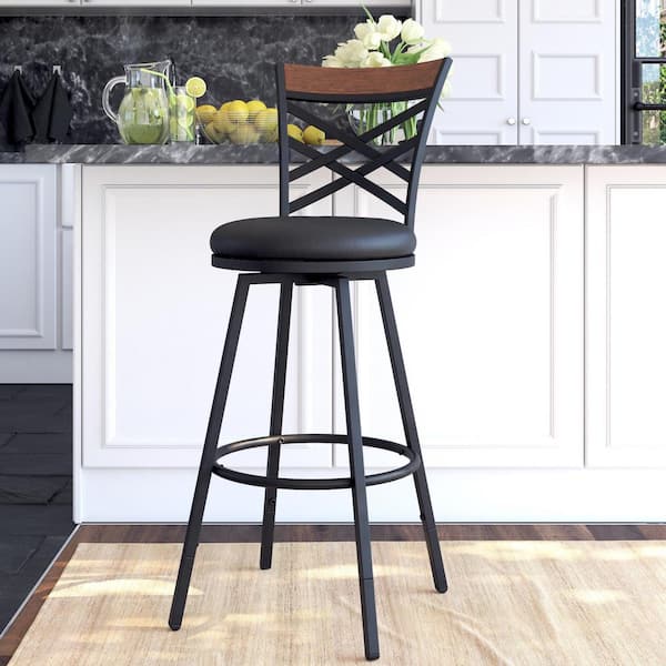 Joss Black Upholstered Faux Leather Seat Adjustable Swivel Barstool (Set of 3)