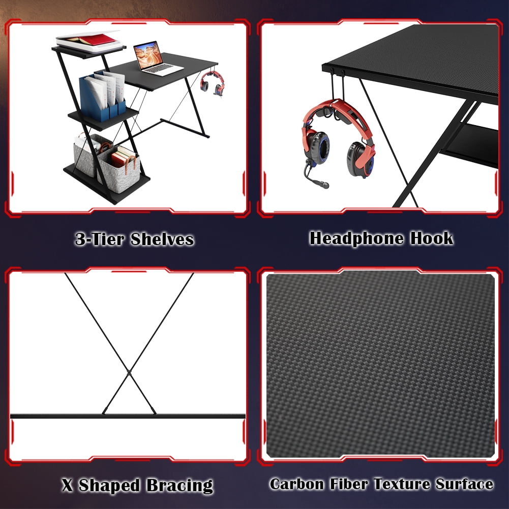 Bestier 51'' Gaming Desk with 3-Tier Open Shelf Come with Headset Hook in Black