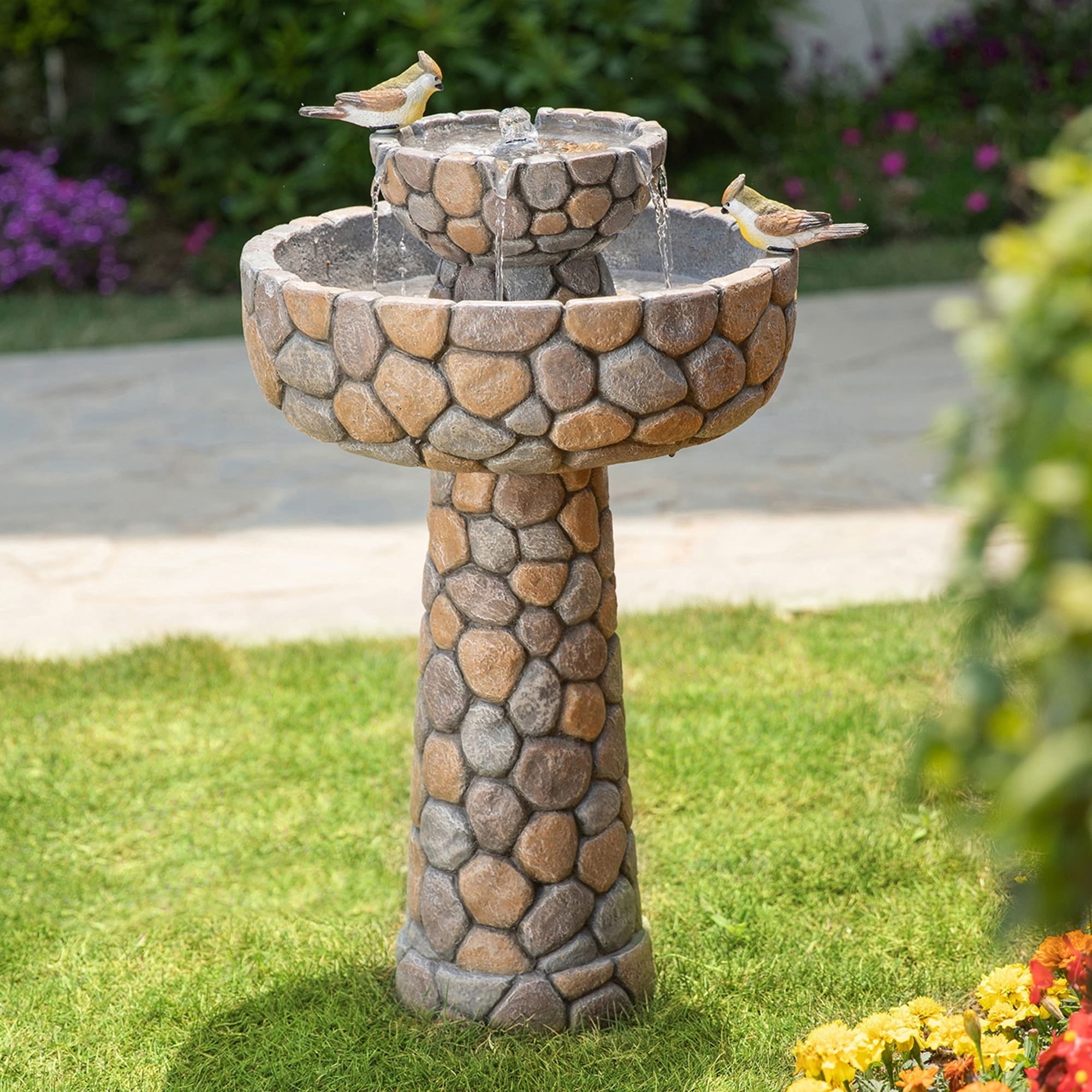 Glitzhome 2-Tier Stone-Style Outdoor Birdbath Fountain with Pump