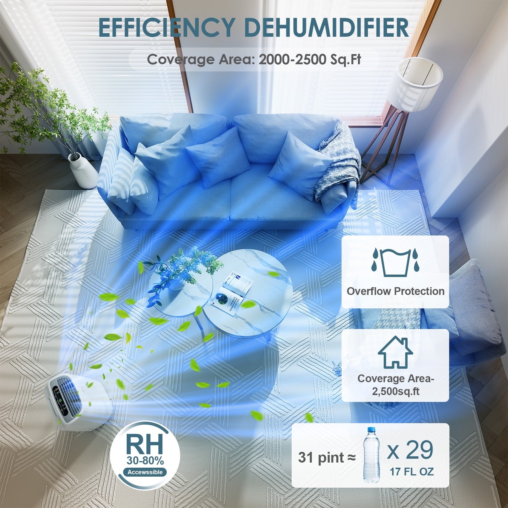 ANDTE 31 Pints Dehumidifiers, Spaces up to 2500 Sq.ft, Auto/Manual Drainage, 0.53 Gallon Water Tank, Auto Defrost, Dry Clothes Function, 24H Timer