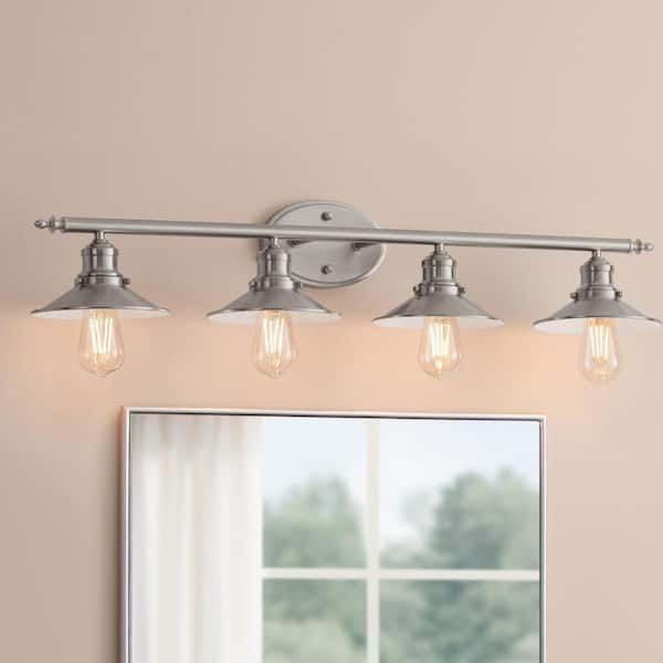 Glenhurst 34 in. 4-Light Industrial Farmhouse Brushed Nickel Bathroom Vanity Light Fixture with Metal Shades