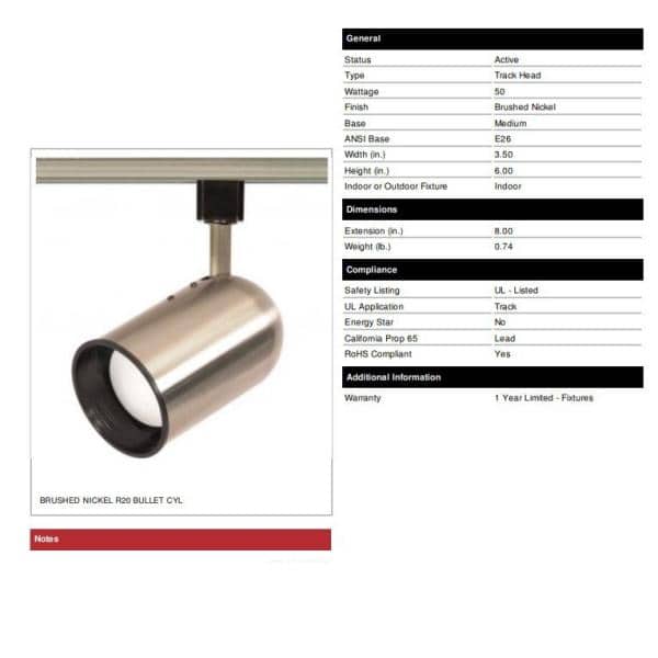 1-Light R20 Brushed Nickel Bullet Cylinder Track Lighting Head