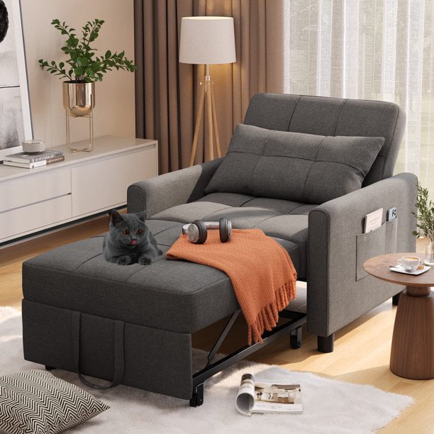 Lofka Chair Bed, Convertible Sofa Bed 3 in 1 Single Sleeper Bed for Bedroom & Living Room, Metal Frame, Dark Gray