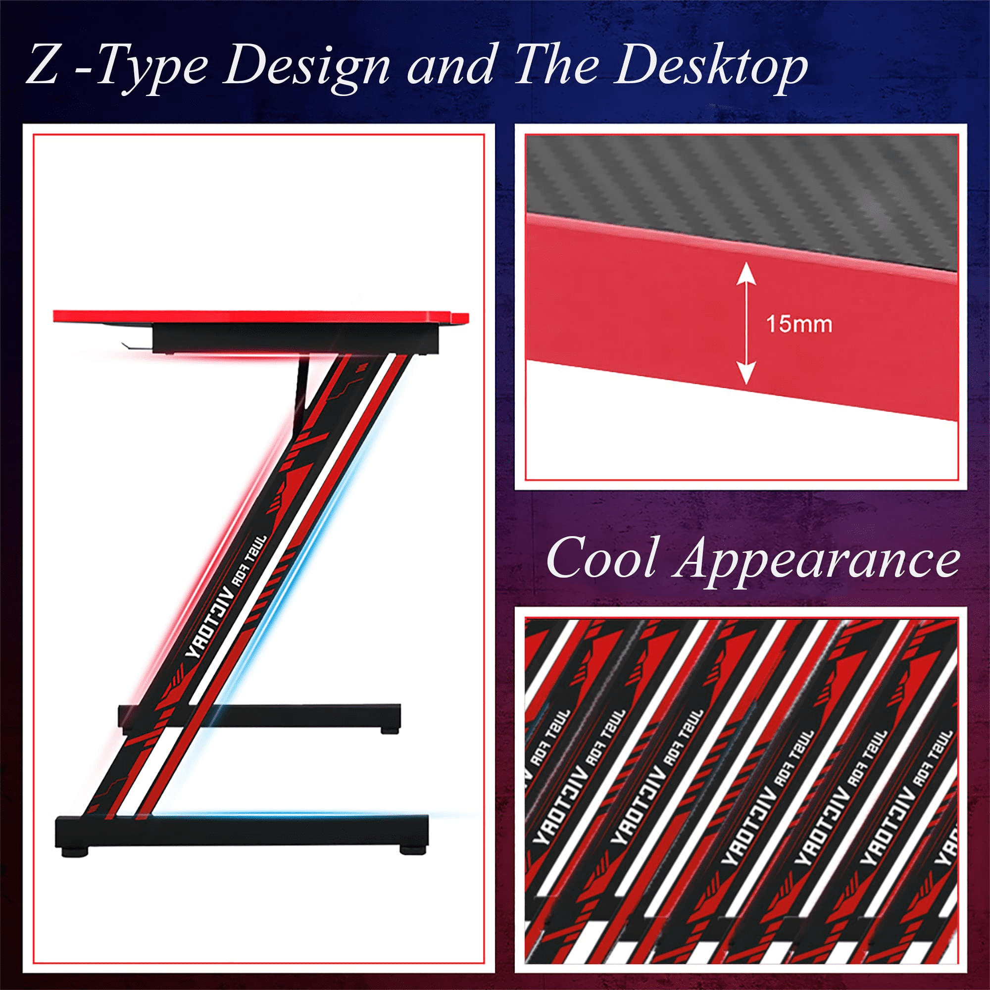 Dkelincs 39.4 inch Gaming Desk Z Shaped Computer Desk Adjustable feet PC Computer Game Table with Carbon Fiber Surface, Cup Holder & Headphone Hook, Red