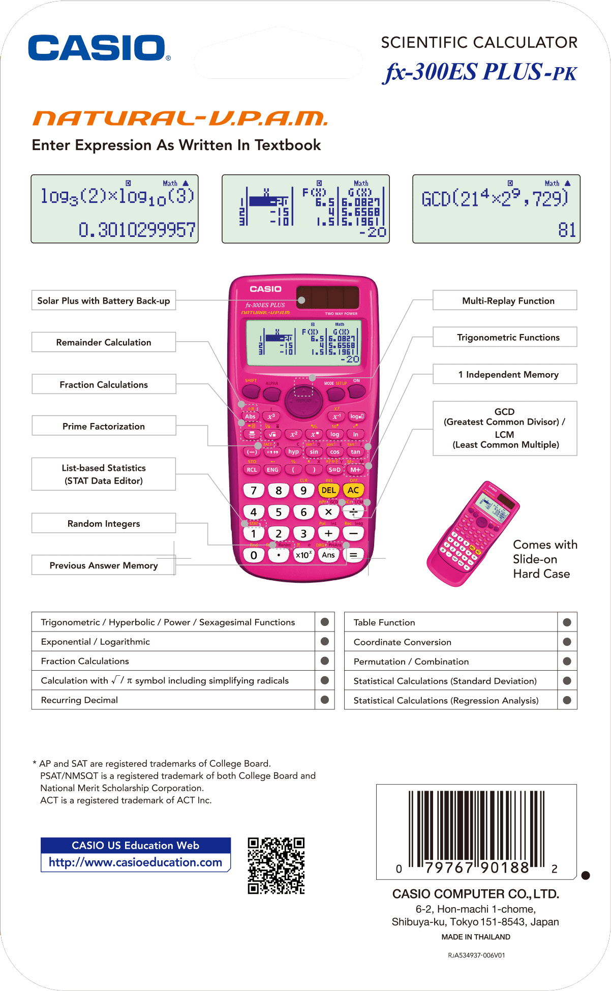 Casio FX-300ESPLUS2-PK Scientific Calculator Natural Textbook Display, Pink