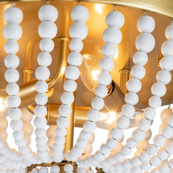 13.75 in. 3-Light Gold Flush Mount with White Wood Beads