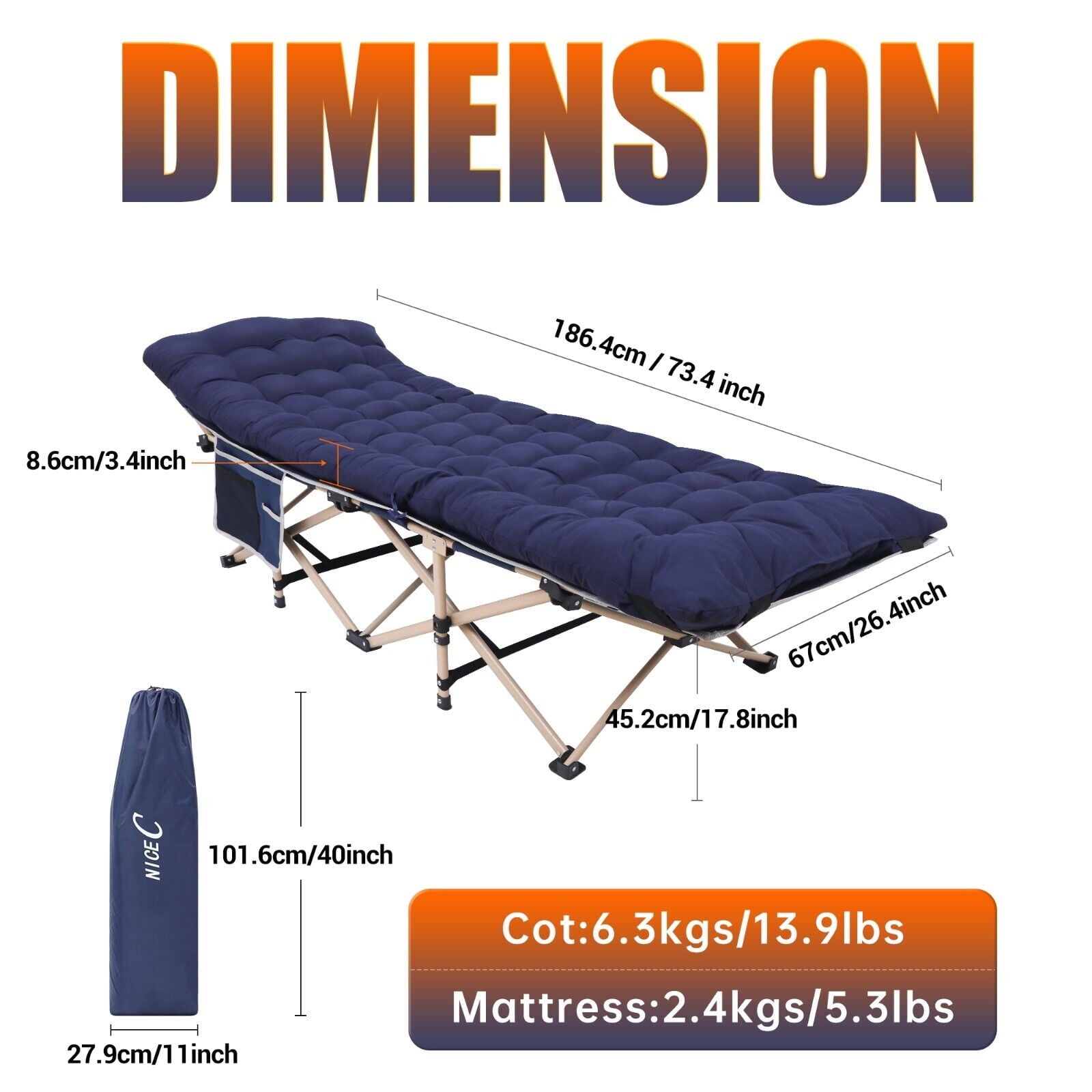 Nice C Camping Cots Heatable w/Mattress, Cots for Adults, Folding Cot, Lounge Chair, w/Carry Bag Extra Wide, Heavy Duty Holds Up to 500 Lbs, Power Bank Included (1-Pack, Navyblue)