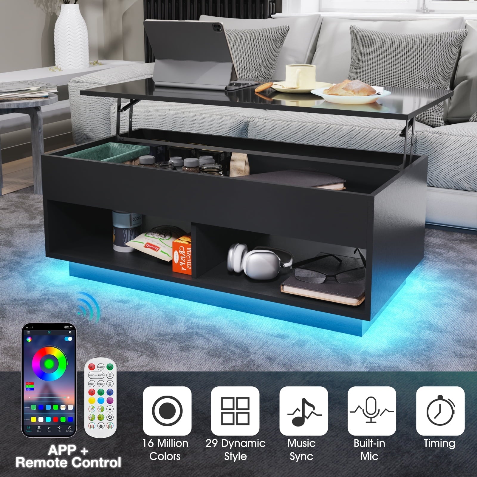 Hommpa Lift Top Coffee Table with Hidden Compartment High Gloss LED Coffee Tables Center Rising Cocktail Table for Living Room Accent Furniture Black Finish