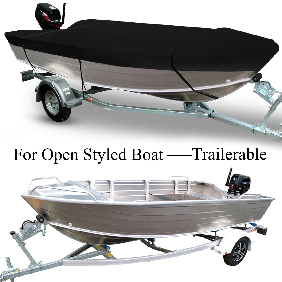 Waterproof Heavy Duty Open Boat Cover Trailerable Fishing Ski Bass Runabouts,210D Fit 11.5 - 14.7ft