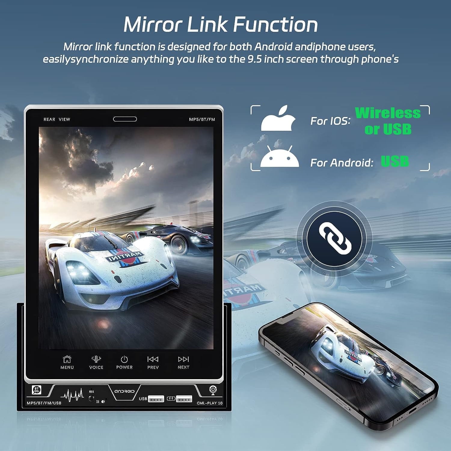 Podofo 2+32G Double 2 Din Adjustable 9.5'' Vertical HD Touch Screen Car Stereo Radio Android 12 Car Player Head Unit Bluetooth Wifi GPS FM Receiver Audio USB Mirror Link, with Backup Camera