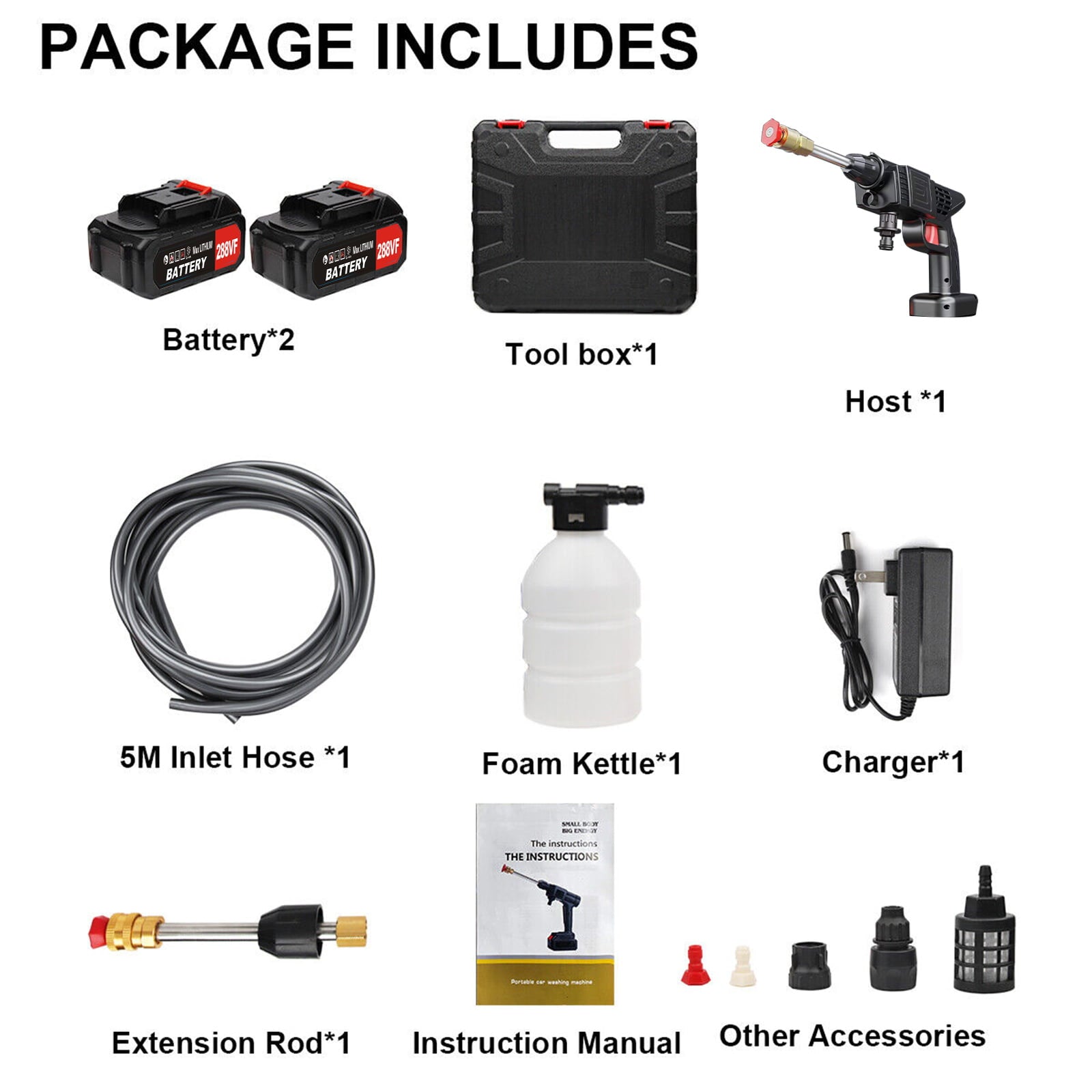 288VF Electric High Pressure Washer, Cordless Car Wash Tool Portable Vehicle Cleaning Machine Automobile Washer with 2 Batteries 5M Pipe