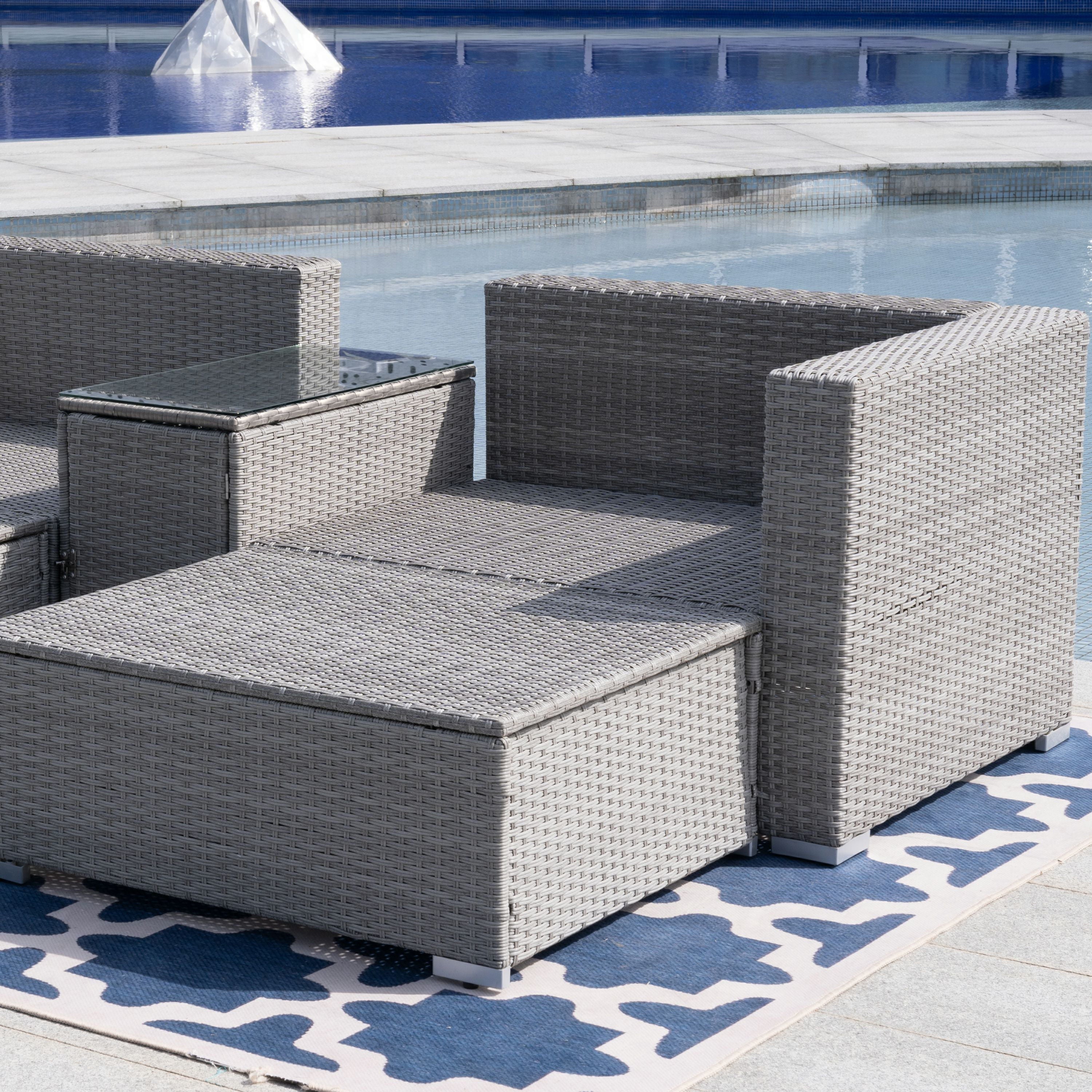 5 Pieces Outdoor Rattan Patio Sofa Set with Blue Cushions