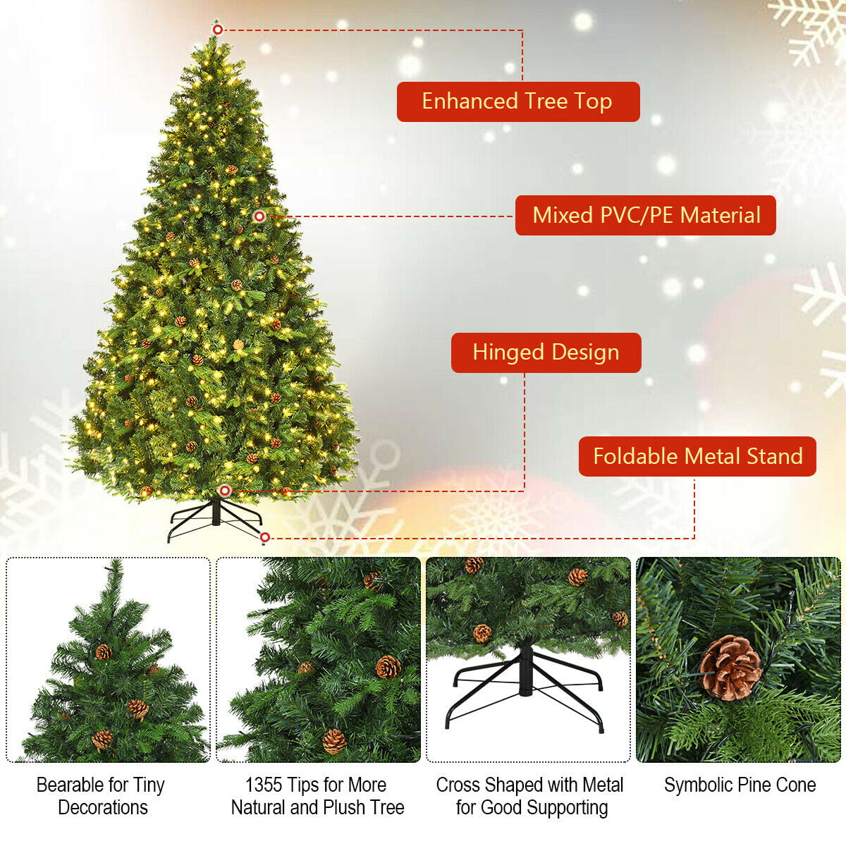 Gymax Pre-Lit 8' Premium Spruce Artificial Christmas Tree Hinged 660 LED Lights Pine Cones