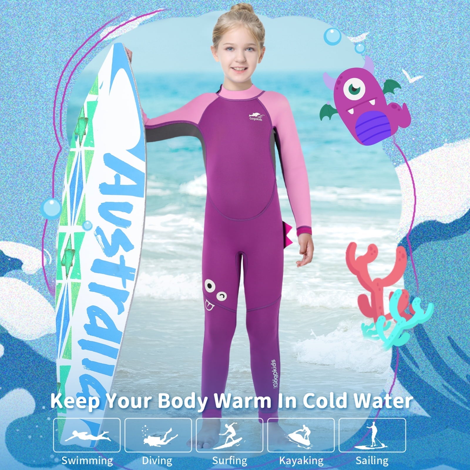 Gogokids Wetsuit for Kids,2.5mm Neoprene Full Body Kids Wetsuit Diving Suits Cartoon Long Sleeve Thermal Toddler Wet Suit for Boys Girls,Red