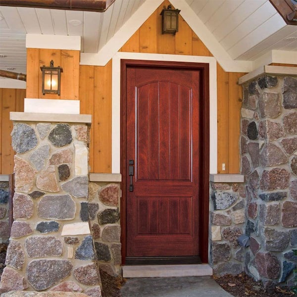 37.5 in. x 81.625 in. 2-Panel Plank Cherry Mahogany Stained Right-Hand Inswing Fiberglass Prehung Front Door