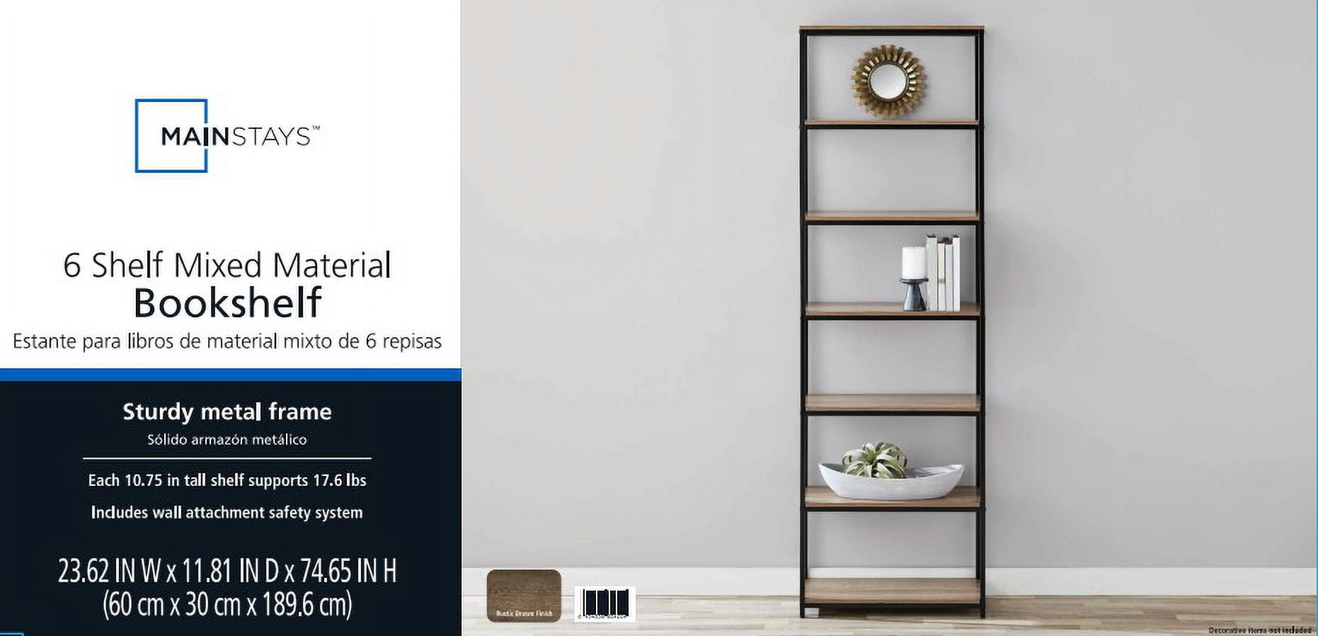 Mainstays 6-Shelf Metal Frame Bookcase, Rustic Brown