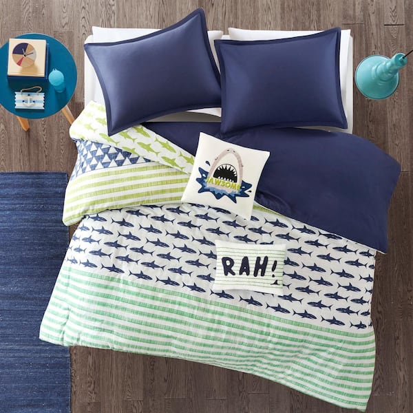 Aaron 5-Piece Green/Navy Full/Queen Shark Cotton Duvet Cover Set