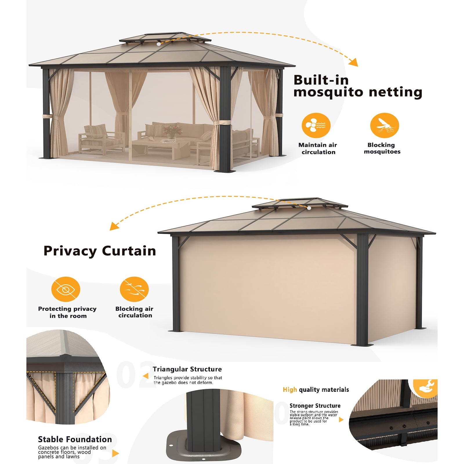 Aoxun 10 ft. x 13 ft. Hardtop Gazebo, Double Polycarbonate Roof Aluminum Frame Gazebo W/Curtain and Netting, Brown