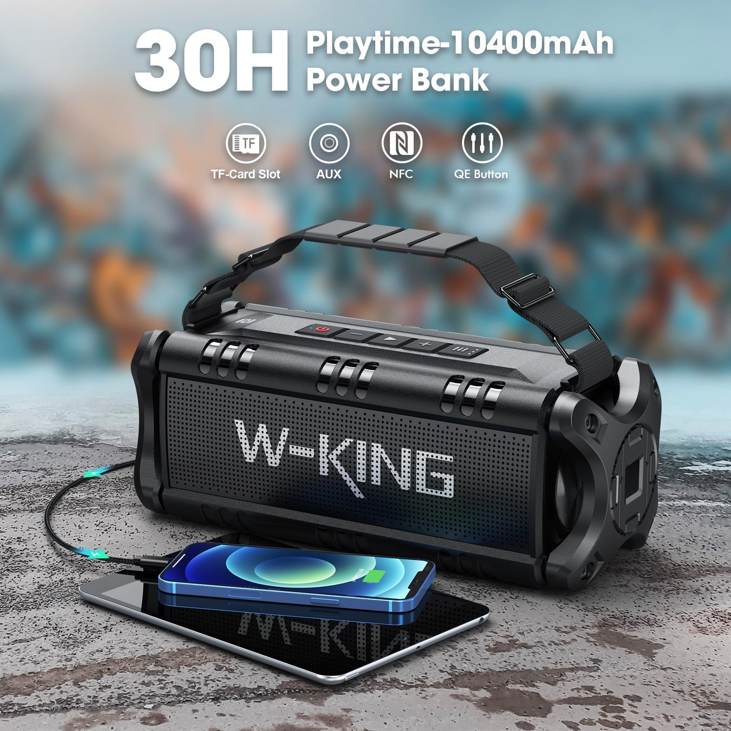 W-King 50W Bluetooth Speakers, IPX6 Waterproof, Deep Bass, 30H, TWS, Black