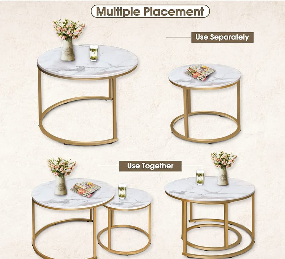 aboxoo Coffee Table Nesting White Set of 2 Side Set Golden Frame Circular and Marble Pattern Wooden Tables, Living Room Bedroom Apartment Modern Industrial Simple Nightstand