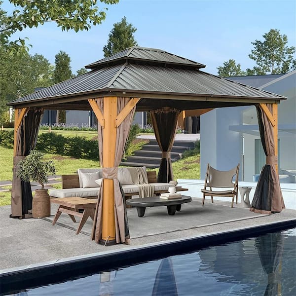 12 ft. x 14 ft. Outdoor Cedar Wood Frame Patio Gazebo Canopy with Galvanized Steel Hardtop Pavilion Curtain and Netting