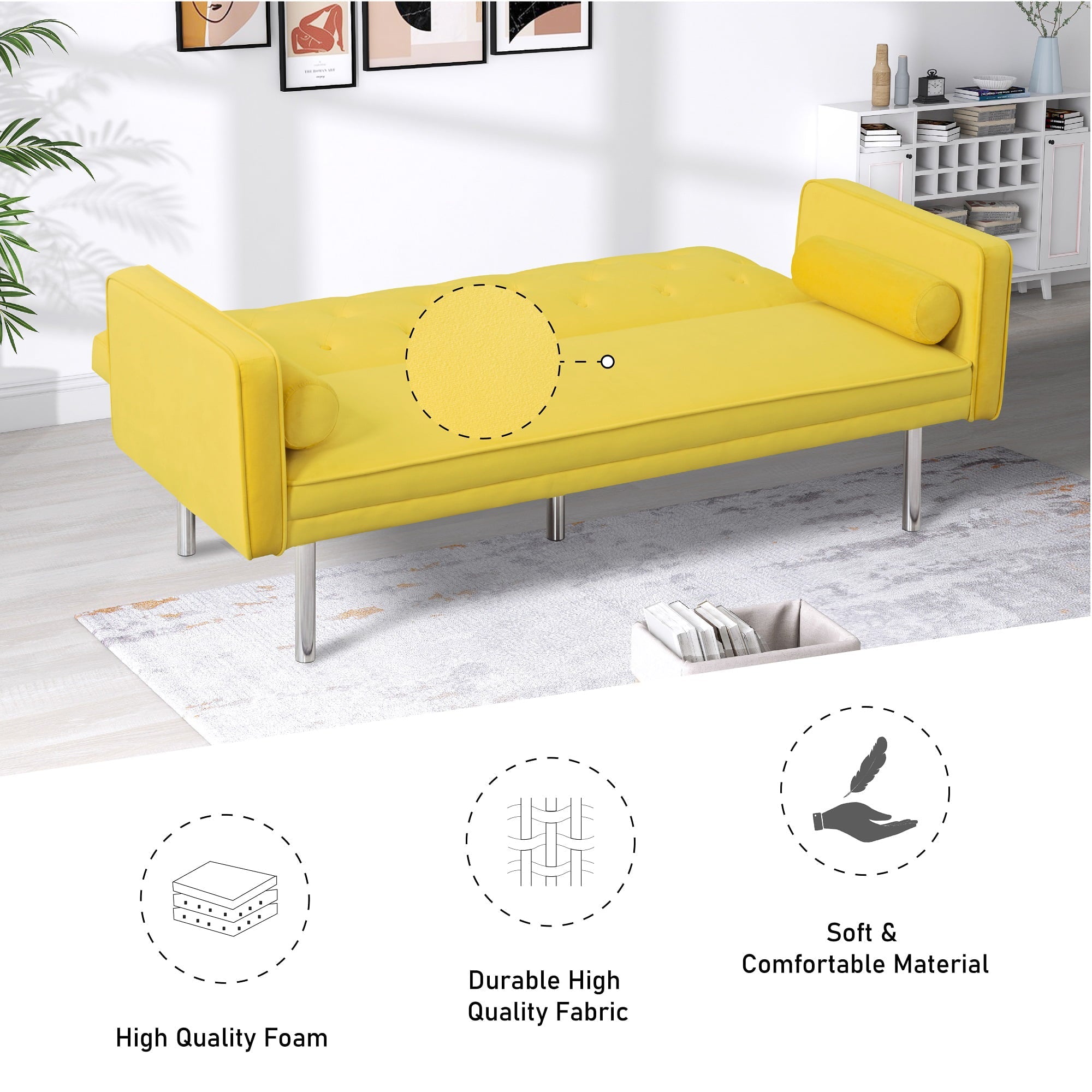 Modstyle Futon Sofa Bed, Velvet Convertible Sleeper Sofa with Pillows, Yellow