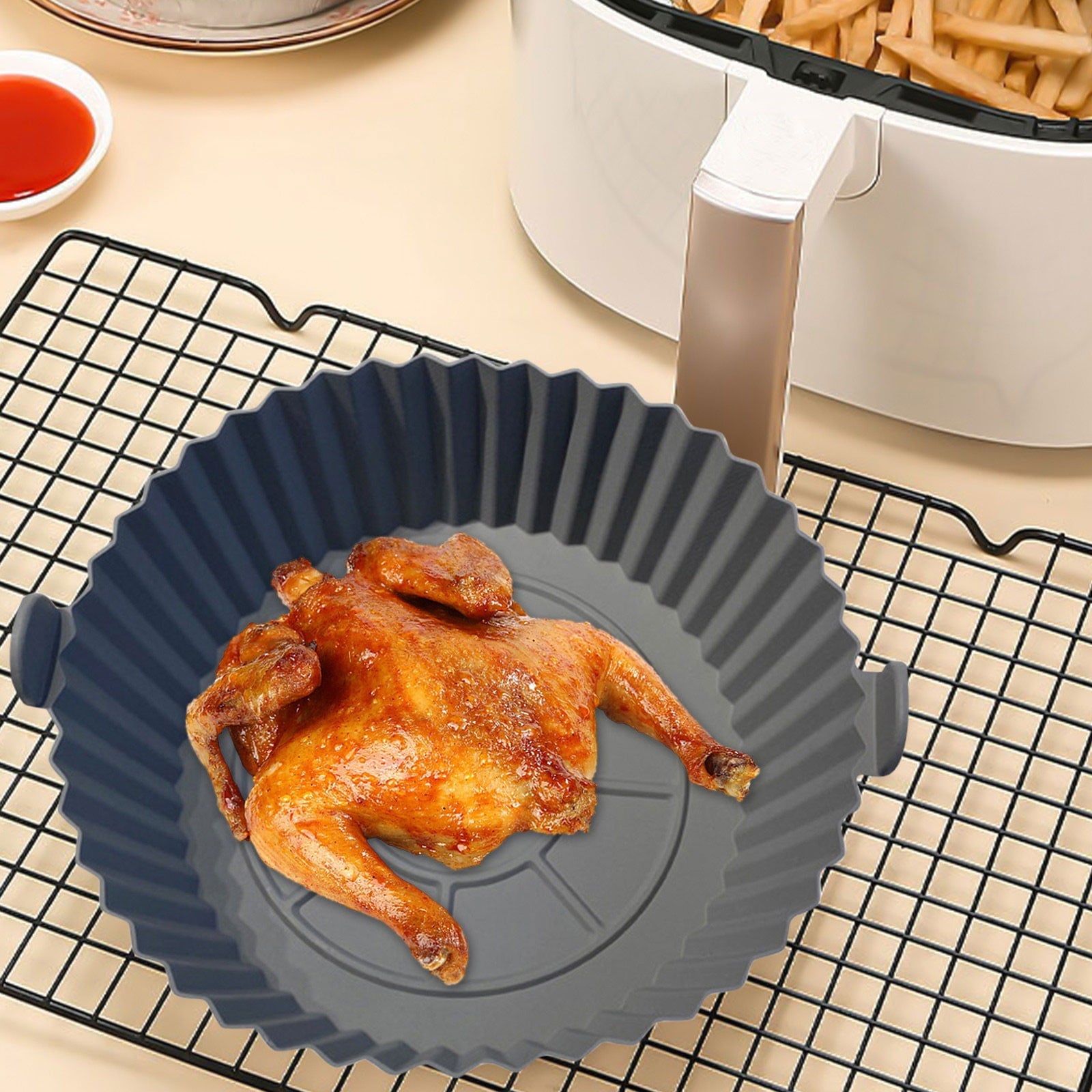 Vikakiooze! Air Fryer Silicone Liners, Air Fryer Liner with Handle, Reusable Air Fryer Replacement Basket, Heat Resistant Round Air Fryer Pot for Air Fryer Oven Microwave