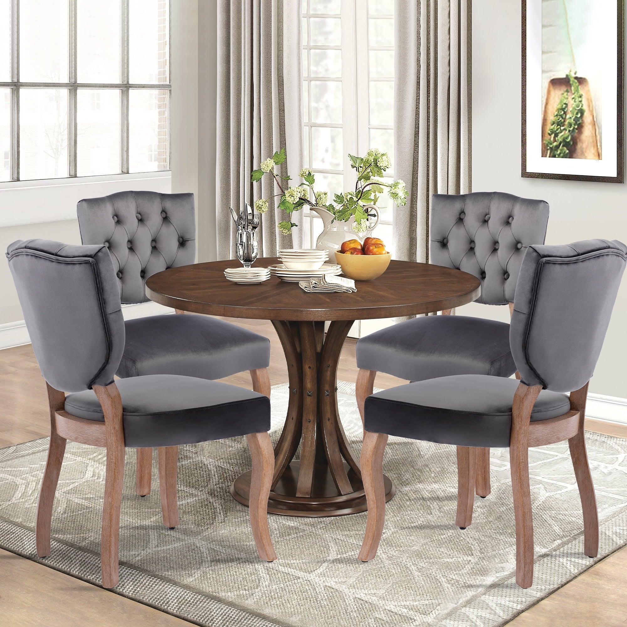 Mid-Century Velvet Dining Chairs, Upholstered Dining Room Chairs with Solid Wood Legs, Button Tufted Dining Chair Set of 2, Black, Dark Gray