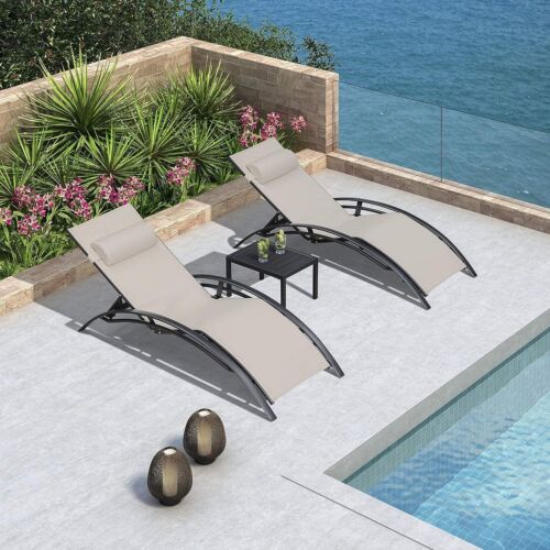 2 Patio Chaise Lounge Reclining Curved Chair Table Headrest Textile Metal Frame