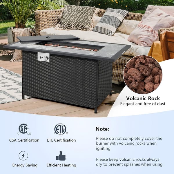 52 in. Propane Fire Pit Table Marble Tabletop Rattan Wicker w/Rain Cover Lava Rock