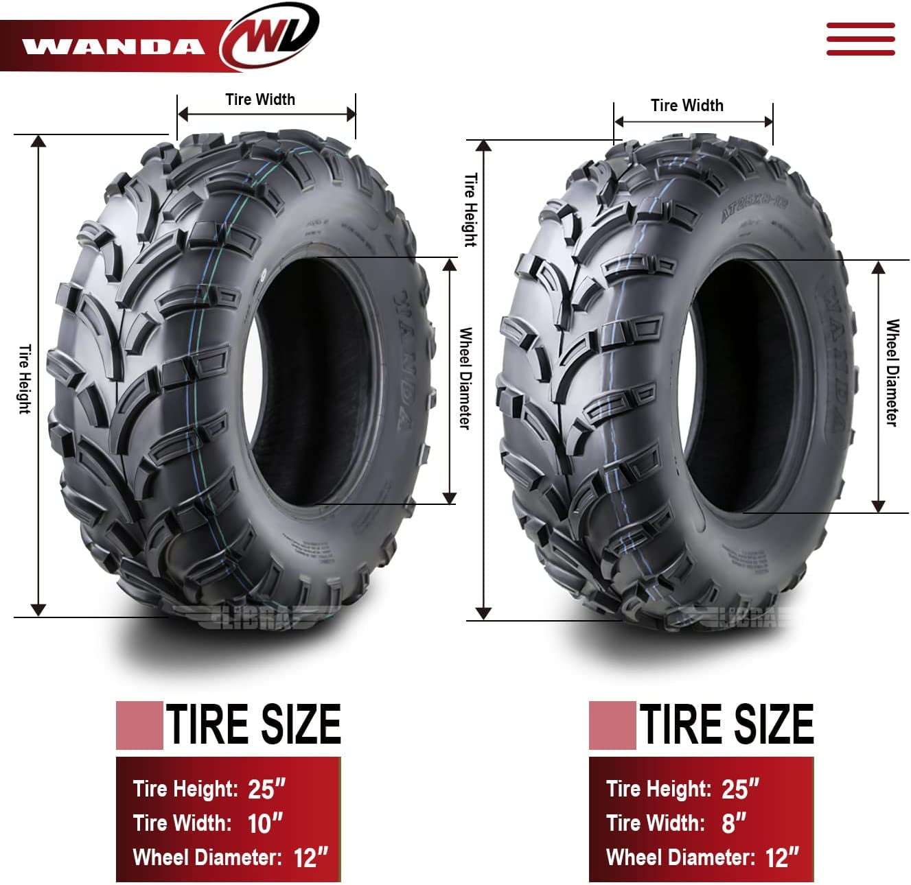 Wanda ATV/UTV Tires 25x8-12 Front & 25x10-12 Rear /6PR P373, Set 4