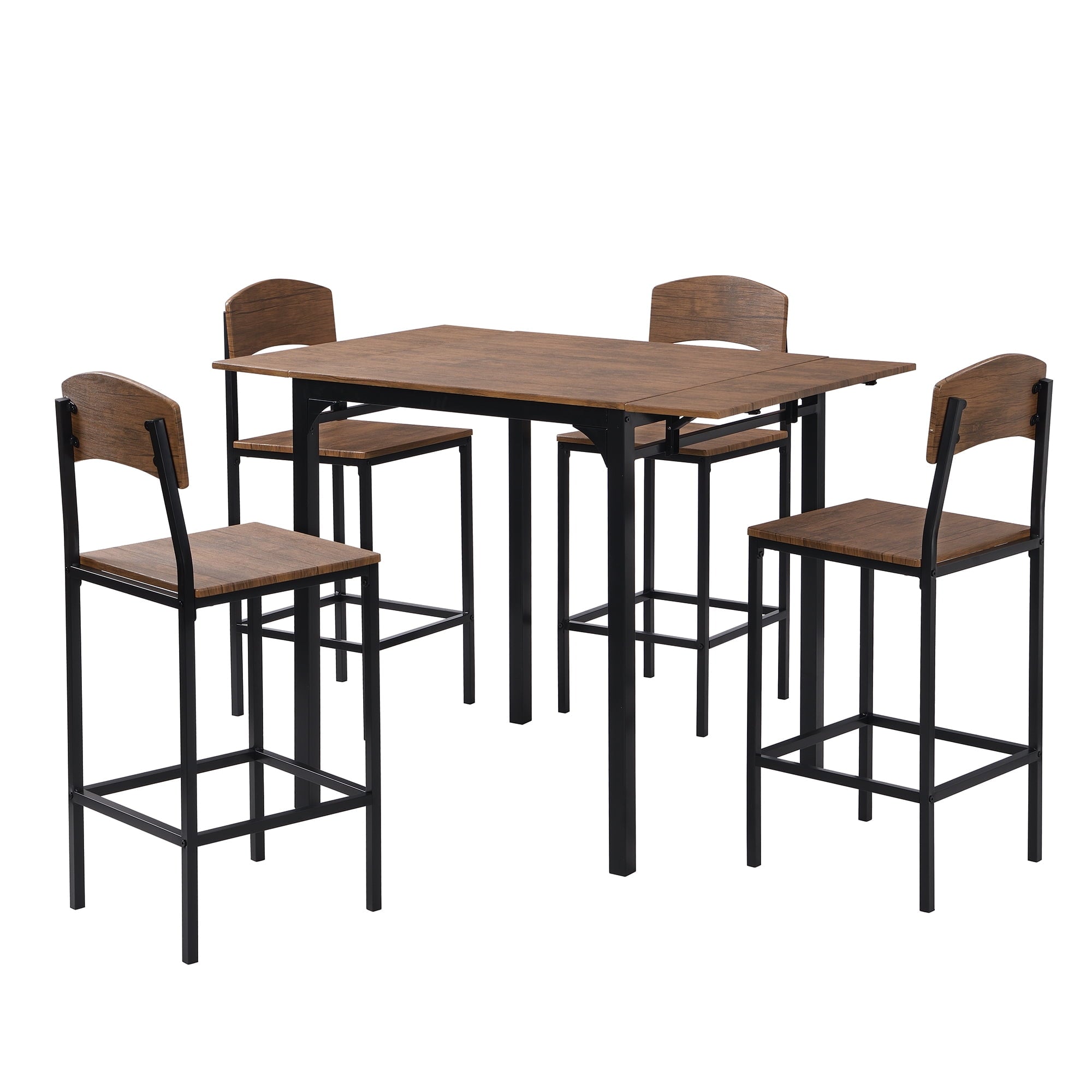 Paproos 5-Piece Counter Height Dining Table and Chairs Set, Brown Finish Drop Leaf Dinner Table and 4 Chairs Set for Kitchen Dining Room Breakfast Nook, Farmhouse Dining Table Set with Black Frame