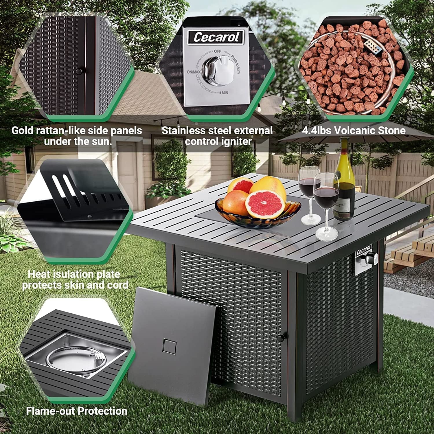 CECAROL 32 inch Propane Fire Table with Lid, Auto-Ignition 50000 BTU with External Igniter